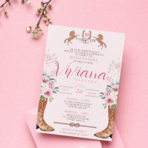 Convite Rosa Rosa Rosa Floral Ocidental Boots Charro Quinc