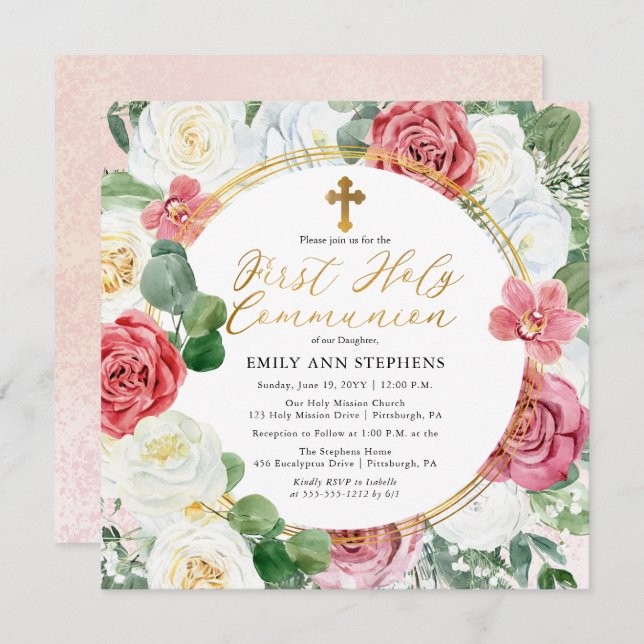 Convite Rosa Rosa Rosa | Frame Floral Dourado Primeira Com (Frente/Verso)