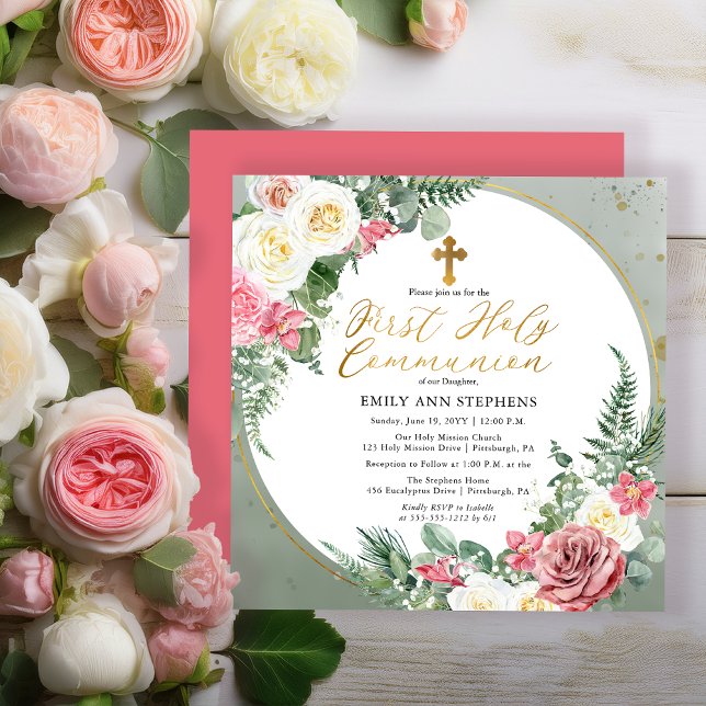 Convite Rosa Rosa Rosa | Frame Floral Dourado Primeira Com (Elegant Pink Rose and Gold Tone Frame Girl First Holy Communion Invitation -Print | Digital Download)