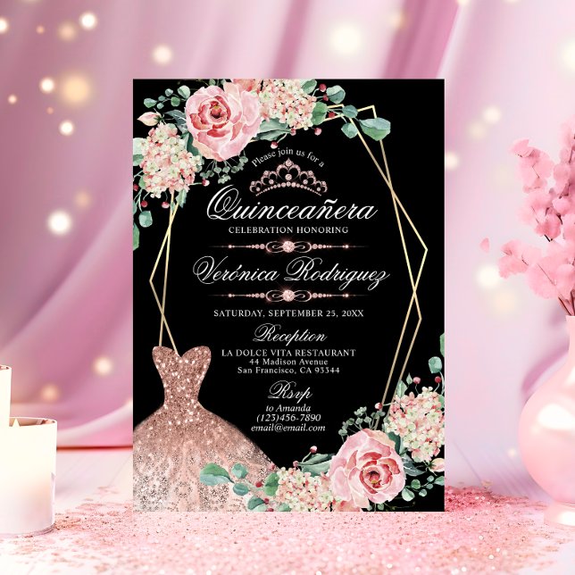 Convite Rosa Rosa Rosa Negra Elegante Quinceañera Quince T (Elegant Pink Rose Black Quinceañera Quince Tiara Invitation)