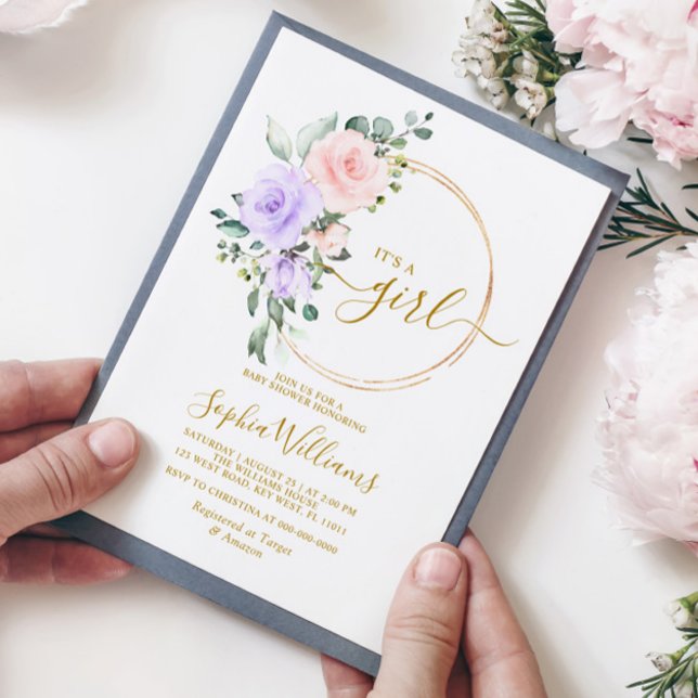 Convite Rosa Rosa Rosa Púrpura e Chá de fraldas Dourado (Criador carregado)