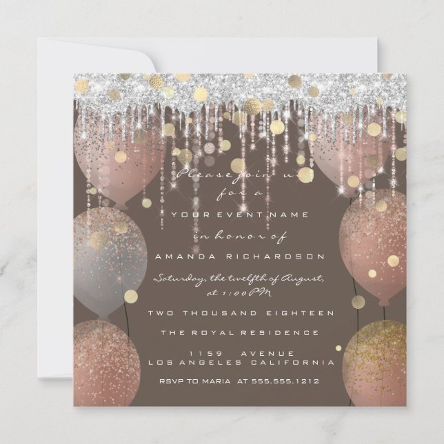 Convite Rosa Rosa Rosa Rosa Ballon Doce 16.ª Cinza Bridal  (Frente)