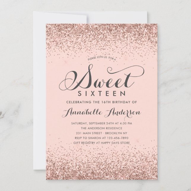 Convite Rosa Rosa Rosa Rosa Dourada Brilhante Doce 16 Aniv (Frente)