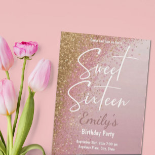 Convite Rosa Rosa Rosa Rosa Dourada, Brilhante Doce Festa 