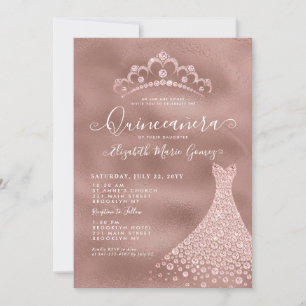 Convite Rosa Rosa Rosa Rosa Dourada Diamante Tiara Vestido
