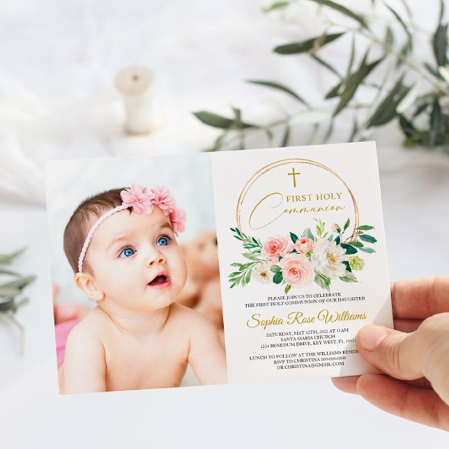 Convite Rosa Rosa Rosa Rosa Floral Rapariga Primeira Comun (Criador carregado)