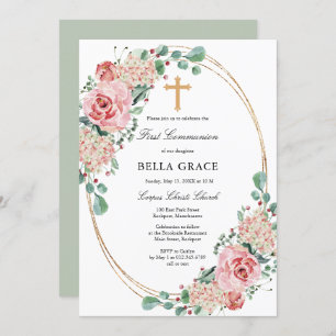 Convite Rosa Rosa Rosa Rosa Hidrangea Primeira Comunhão Sa