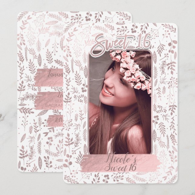 Convite Rosa Rosa Rosa Rosa Ouro Foil Moderna Sweet 16 Fot (Frente/Verso)