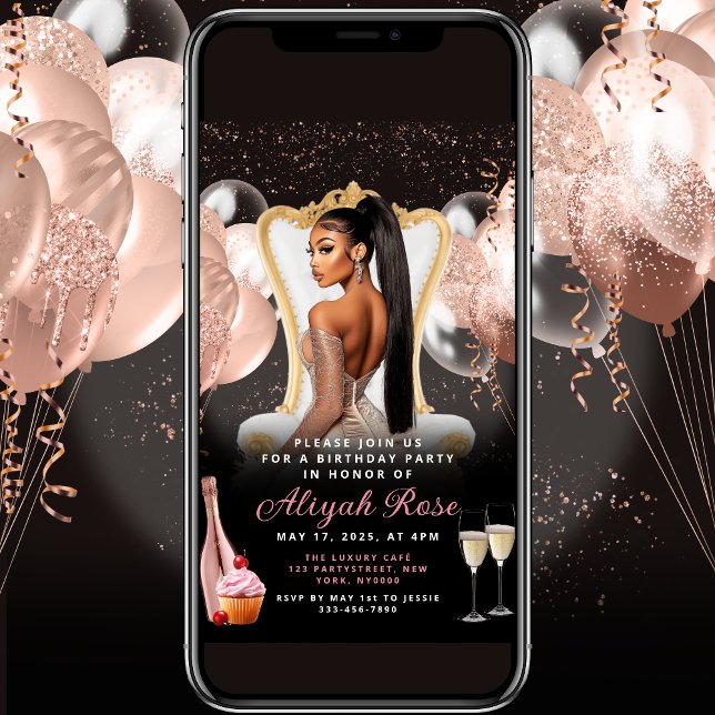 Convite Rosa Rosa Rosa Rosa Rosa Dourada Balões Real Convi (Criador carregado)