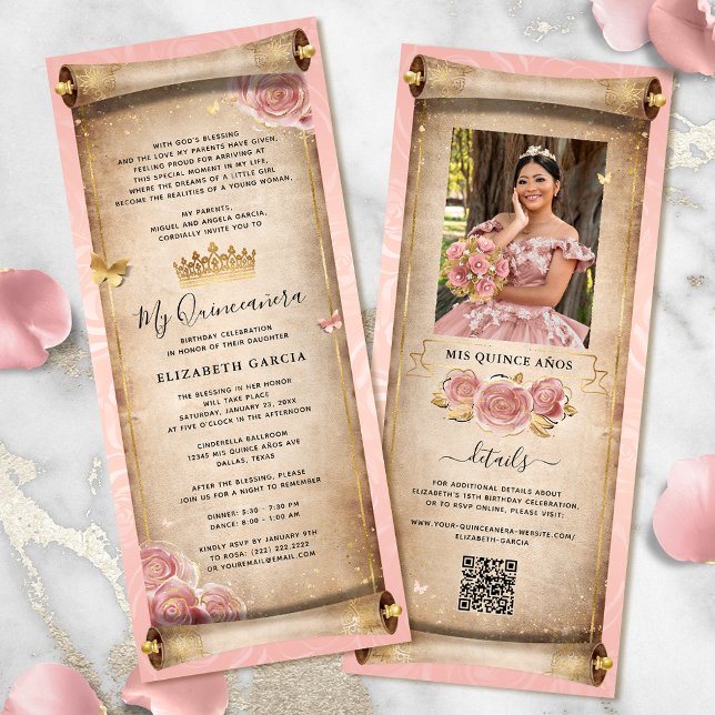 Convite Rosa Rosa Rosa Rosa Rosa Dourada Mis Quince Rolar  (Elegant gold and blush pink rose quinceanera scroll invitation cards for your fairytale birthday.)