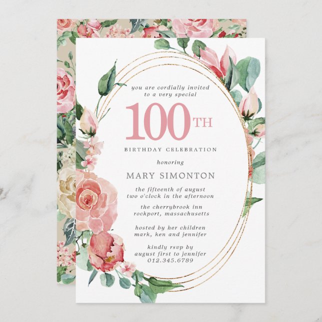 Convite Rosa Rosa Rosa Rosa Rosa Floral 100ª Festa de aniv (Frente/Verso)