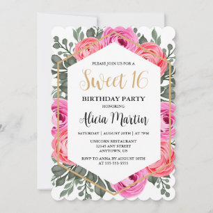 Convite Rosa Rosa Rosa Rosa Verde Molhada Flora Sweet 16