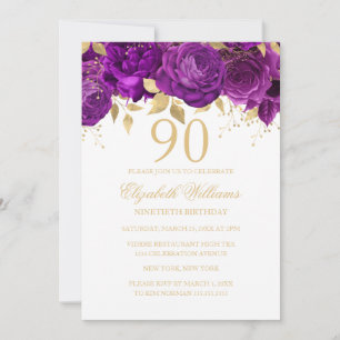Convite Rosa Roxa Dourado Floral Aniversário de 90 anos