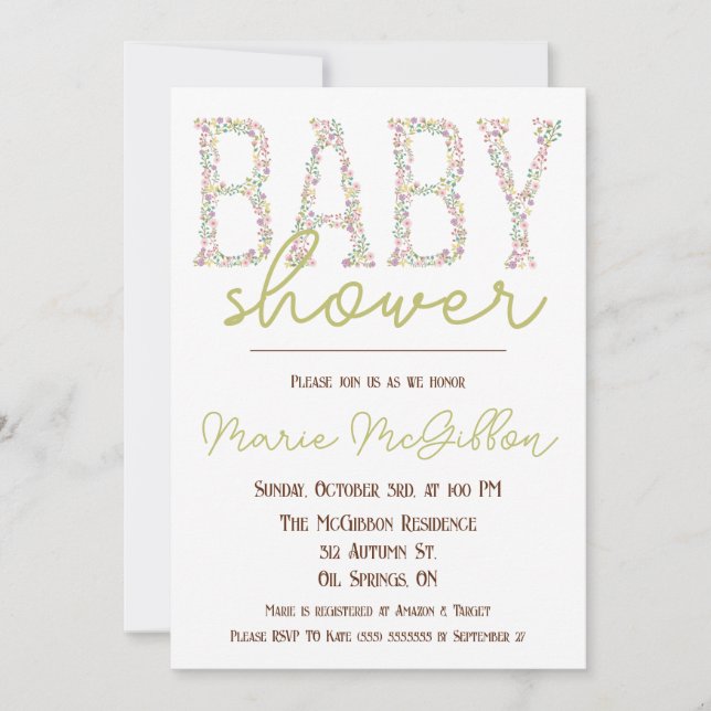 Convite Rosa, Roxo, Azul, Chá de fraldas Floral (Frente)