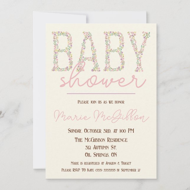 Convite Rosa, Roxo, Azul, Chá de fraldas Floral (Frente)