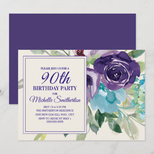 Convite Rosa Roxo Azul Floral Aquarela 90º Aniversário