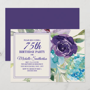 Convite Rosa Roxo Azul Floral em Aquarela para Aniversário