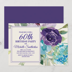 Convite Rosa Roxo Azul Floral em Aquarela para Aniversário