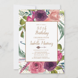 Convite Rosa Roxo Boho Pena Floral Dourado 50º Aniversário