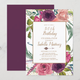 Convite Rosa Roxo Boho Pena Floral Dourado 50º Aniversário