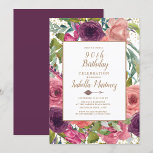 Convite Rosa Roxo Boho Pena Floral Dourado 90º Aniversário