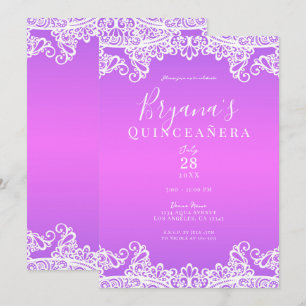 Convite Rosa Roxo Branco de Renda Festa de Quinceañera Ele