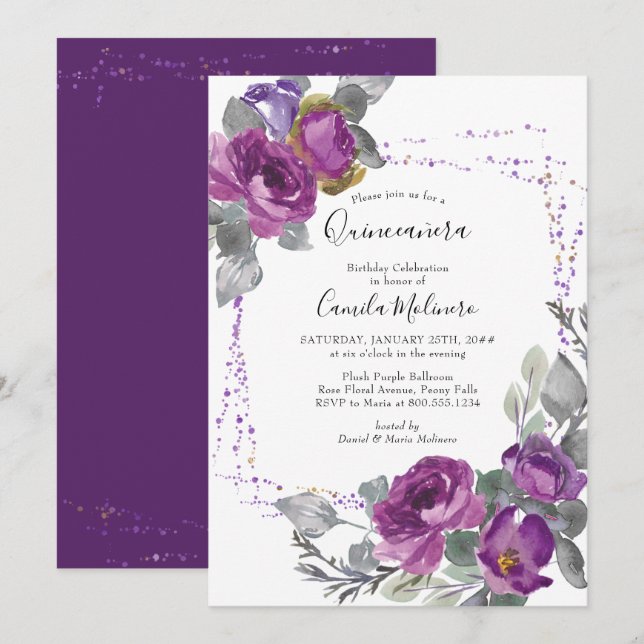 Convite Rosa Roxo Confetti Frame Floral Quinceanera (Frente/Verso)