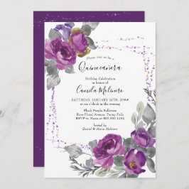 Convite Rosa Roxo Confetti Frame Floral Quinceanera