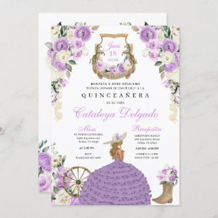 Convite Rosa Roxo de Mariachi Ocidental Charro Quinceañera