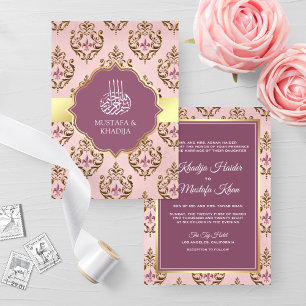 Convite Rosa Roxo Dourado Damask Casamento Muçulmano Retrô