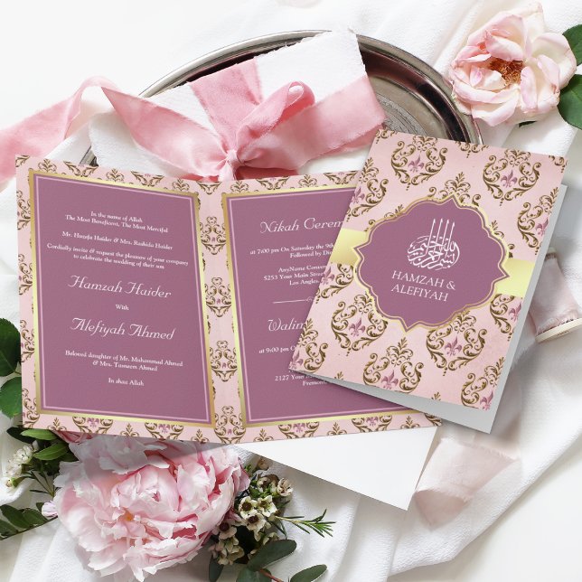 Convite Rosa Roxo Dourado Damask Casamento Muçulmano Retrô (Criador carregado)