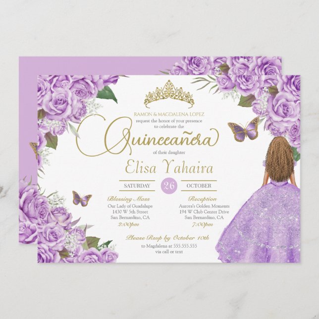 Convite Rosa Roxo Dourado Tiara Borboletas Quinceanera (Frente/Verso)