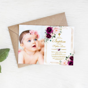 Convite Rosa Roxo e Blush Flores Fotografia Rapariga Batis