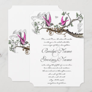 Convite Rosa Roxo e Cinza Vintage Pássaros Casamento