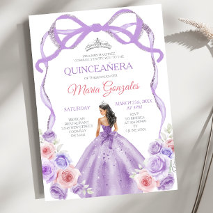 Convite Rosa Roxo Empoeirado Laço Princesa Prata Quinceañe