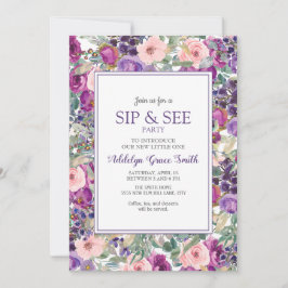 Convite Rosa Roxo Floral Bebê Menina Sip See Chuveiro