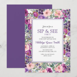 Convite Rosa Roxo Floral Bebê Menina Sip See Chuveiro