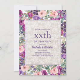 Convite Rosa Roxo Floral Renda Aniversário de Qualquer Ida