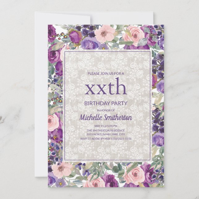 Convite Rosa Roxo Floral Renda Aniversário de Qualquer Ida (Frente)