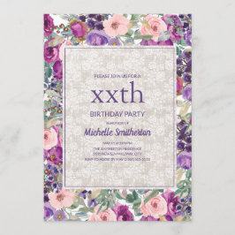 Convite Rosa Roxo Floral Renda Aniversário de Qualquer Ida