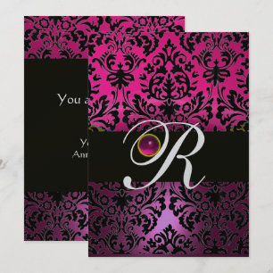 Convite ROSA ROXO PRETO DAMASCO MONOGRAMA ametista fúcsia