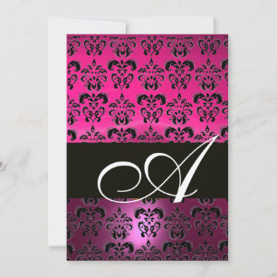 Convite ROSA ROXO PRETO DAMASCO MONOGRAMA, fúcsia branco