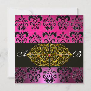 Convite ROSA ROXO PRETO DAMASCO MONOGRAMA ,ouro