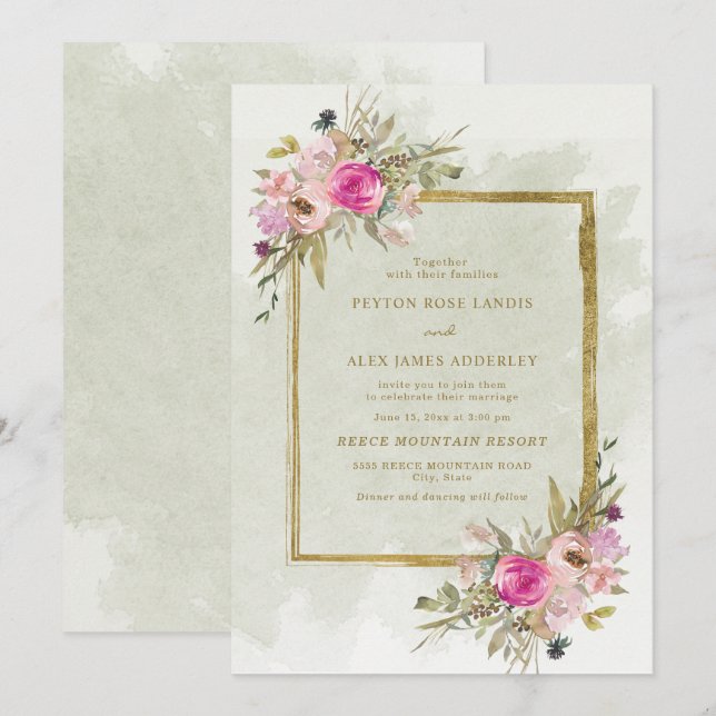 Convite Rosa Roxo Sofisticado Folhas Verde Salvia Dourado (Frente/Verso)