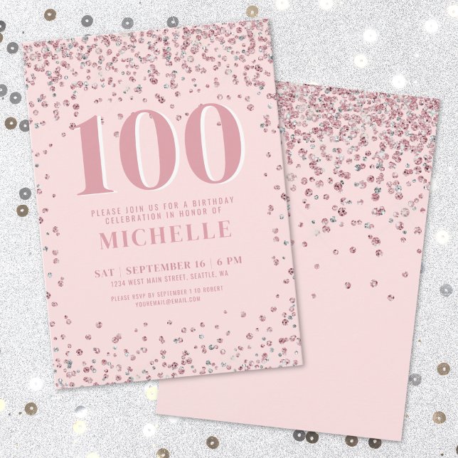 Convite Rosa Rubor Aniversário de 100 anos (Blush Pink 100th Birthday Invitation)