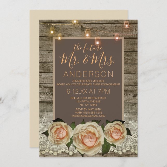 Convite Rosa Russo Lace Mason Jar String Noivado Luz (Frente/Verso)