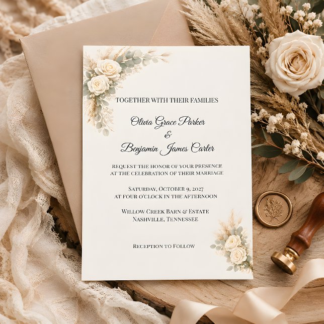 Convite Rosa Rústica de Luxo com Grama das Pampas (Luxury rustic wedding invitation)