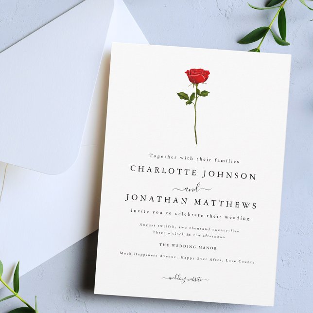 Convite Rosa Simples Elegante Script Rouge (Simple red rose elegant modern wedding invitation Watercolor floral stylish script)