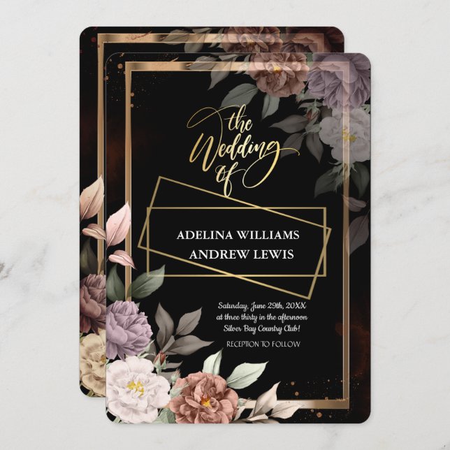 Convite Rosa Simples Minimalista, Casamento Dourado (Frente/Verso)