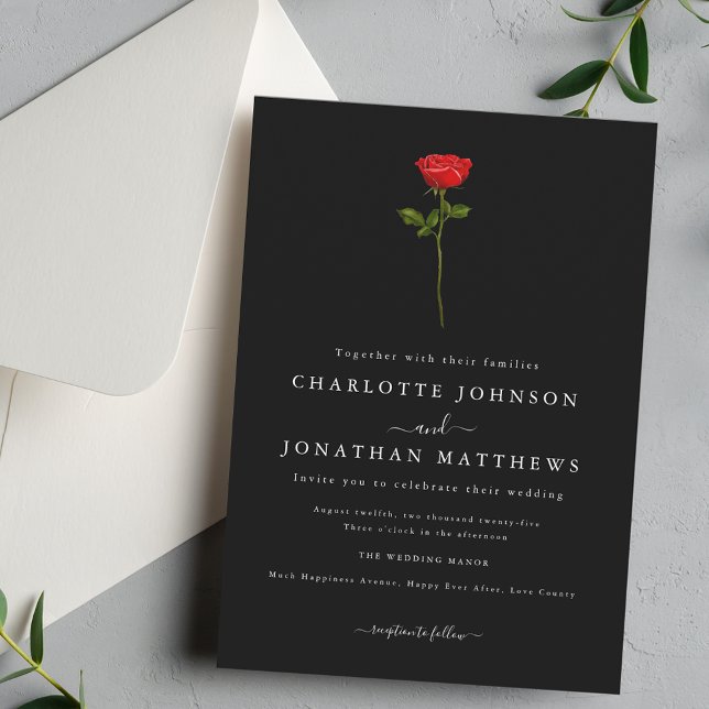 Convite Rosa Simples Vermelha Elegante Script Preto e Bran (Simple red rose elegant modern script black and white wedding invitation Watercolor floral)